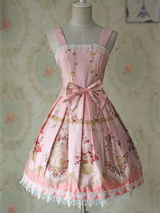 Robe en coton rose Lolita jupe bretelles impression Bow