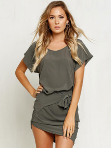 Robe courte gris plissé asymétrique coton robe