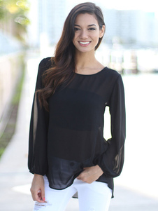 Blouse noire taillée dentelle Top en mousseline de soie pour femmes