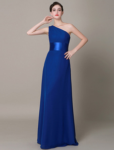 Robe de soirée bleu roi A-ligne en satin de soie stretch plissé à une épaule longueur plancher