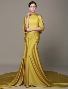 Robe de soirée fourreau tissu de satin or fendu col rond Avec traîne