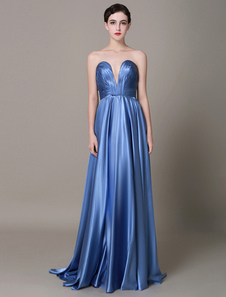 Robe de soirée bleu boule en satin de soie stretch avec peplum bustier Avec traîne