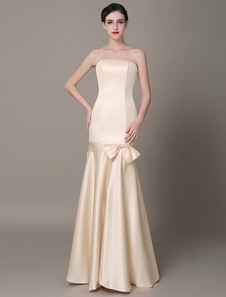 Robe de soirée champagne sirène tissu de satin avec noeud bustier longueur plancher