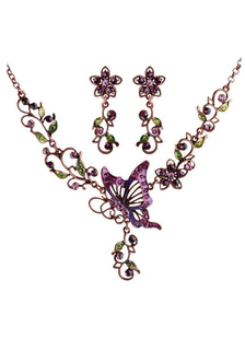 Violet collier et boucles d'oreilles papillon strass Set de bijoux en métal