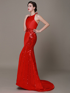 Robe de soirée rouge sirène tissu de satin à licou Avec traîne