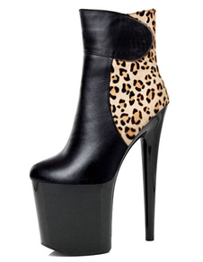 Bottes noires ciel haute plate-forme Leopard Print PU talons pour femmes
