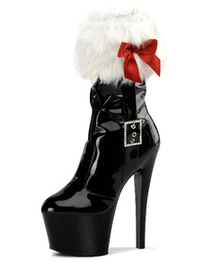 Bottes noires ciel haute plate-forme Bow fourrure boucle vitré PU talons pour femmes