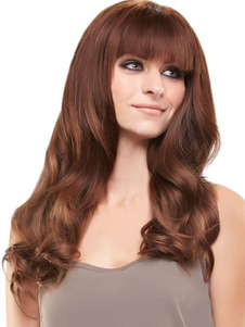 Perruque brun châtaigne contondant frange fibre Long bouclés perruque pour femmes