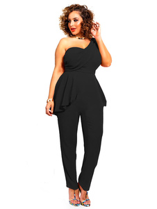 Combinaison noire, une épaule asymétrique volants en mousseline de soie Jumpsuit pour femmes