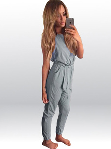 Combinaison gris Slim Fit Sash CottonJumpsuit pour femmes