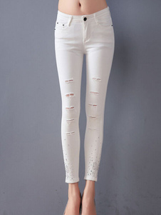 Jeans blanc High Rise Spandex Jeans pour femmes en détresse
