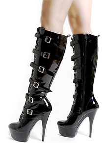 Bottes noires plate-forme boucle brevets PU talons pour femmes