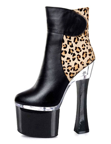 Bottes noires ciel haute plateforme Chic Leopard Print PU talons pour femmes