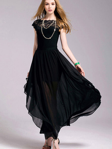 Robe Maxi noire Slim Fit dentelle mousseline de soie robe