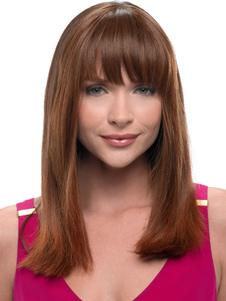 Perruque brun châtaigne fibre Bang droite longue perruque pour femmes