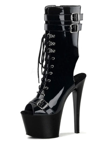 Bottillons noir ciel haute plate-forme Peep Toe découpe carreaux PU talons pour femmes