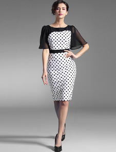 Deux tons robe Bodycon Polka Dot Mesh mi-longues Slim Fit Party Dress