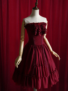 Bourgogne Lolita Robe Bow dentelle sans bretelles robe de coton