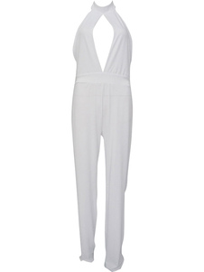 Jumpsuit blanc Halter découpe Jumpsuit de coton pour femmes