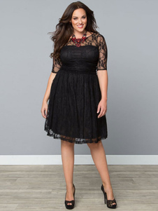 Dentelle noire robe Style Vintage manches courtes pure Skater robe pour femmes