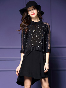 Maj noir robe semi Sheer Polyester robe imprimée