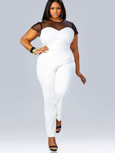 Jumpsuit blanc maille semi Sheer une combinaison Chic pour les femmes