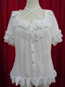 Chemisier Lolita blanc boutons volants coton lin Blouse pour femmes