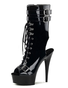 Bottillons noir ciel haute plate-forme Peep Toe découpe Lace Up PU talons pour femmes