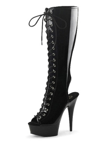 Noir, bottes plate-forme Peep Toe Lace Up découpe PU talons pour femmes