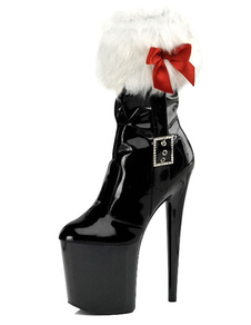 Bottes noires plate-forme Bow fourrure boucle vitré PU talons pour femmes
