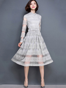 Robe évasée grise découpe semi Sheer genou longueur robe