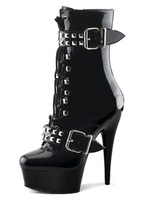 Noir, bottes plateforme lacets Rivets boucle PU talons pour femmes