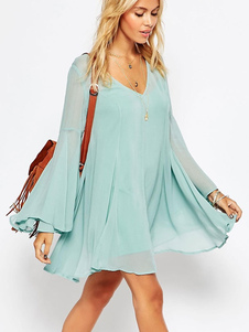 Virage vert profond-V volants en mousseline de soie robe pour femmes