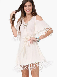 Robe blanche Cold-Shoulder Sash robe d'été en mousseline de soie de Fringe
