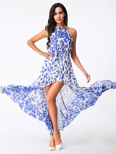 Deux tons Maxi robe Halter impression Split en mousseline de soie robe