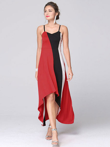 Color Block robe Maxi sangles haute coton impression bas robe de Satin