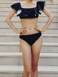 Bikini noir volants Crop Spandex maillot de bain pour femmes