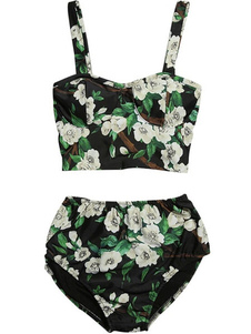 Bikini noir bretelles imprimé Floral Spandex maillot de bain pour femmes