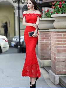 Robe Maxi rouge Off-the-Shoulder découpe dentelle Polyester Bodycon Dress