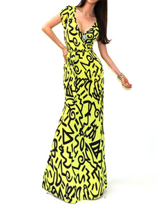 Robe Maxi jaune profonde-V Slim Fit robe Spandex