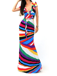 Multicolor Maxi robe profonde-V rayures impression dentelle robe Spandex