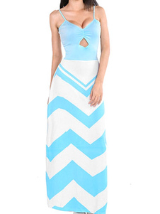 Robe Maxi bleue sangles Zigzag impression soie ouate Bodycon Dress