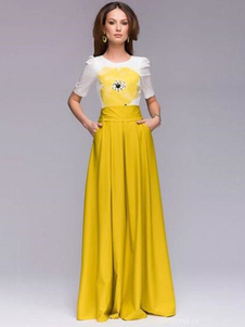 Robe en Satin robe Maxi jaune impression coton plissé