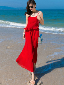 Red Jumpsuit jambes larges bretelles en mousseline de soie Jumpsuit pour femmes