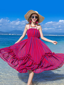 Robe multicolore imprimé rayures dos nu sans bretelles en mousseline de soie robe