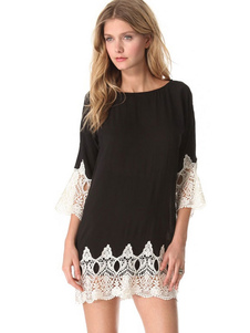 Robe noire découpe dentelle coton Satin robe courte