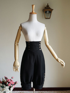 Boutons de pantalon noir Lolita coton lin culottes pour femmes