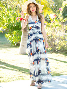 Multicolor Maxi robe imprimé Halter Backless robe Polyester