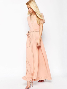 Robe Maxi rose profond-V Sash volants en mousseline de soie robe