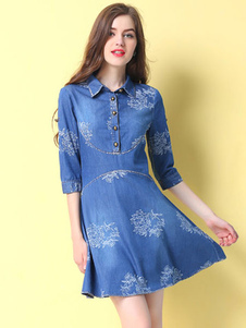 Chemise bleue robe imprimé brodé coton robe courte